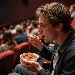 a man eating baked beans in a crowded movie theater circa 2017