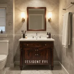 Resident Evil branded bathroom, photograph, rendered, 4k, hd