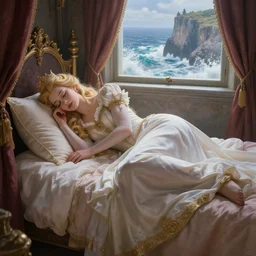 a hyperdetailed matte painting of triss merigold as a princess laying down on a bed in a deep sleep in a tower, sleeping beautry, window overlooking cliffs and crashing waves in the background, highly detailed, deep focus, elegant, digital painting, smooth, sharp focus, ultra realistic, 8 k, art by greg rutkowski and jeong seon and alphonse mucha