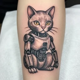 a tattoo of a cat cyborg, detailed line work, beautiful