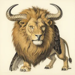 a creature with the body and eyes of a man, beak of an eagle, the mane of a lion, two horns of an ox. drawn by moebius