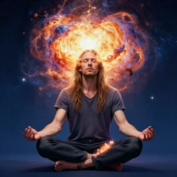 character portrait of Russell Brand meditating with the universe exploding out of his mind, digital art 4k