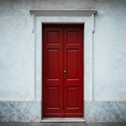 A photo of a closed red wooden door and a wall of white marble, eery and misterious