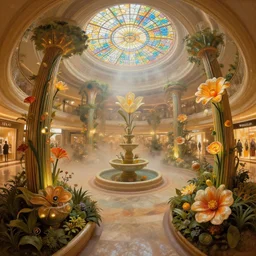 fish eye lens, minimalist vortex oil painting by donato giancola and alex grey, warm coloured, cinematic scifi bioluminescent luxurious futuristic foggy steam filled victorian garden 3 d fractal swirling circular shopping mall interior with microscopy minimalist stained glass flowers growing out of pretty bulbous ceramic fountains, gigantic pillars and flowers, maschinen krieger, beeple