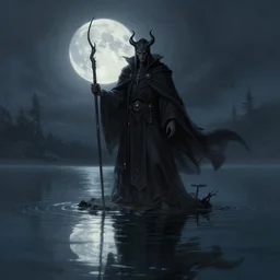 evil mage standing on a lake with the reflection of the moon, concept art, digital painting, trending on artstation, deviantart, epic composition, extremely detailed, volumetric lighting, masterpiece, octane render