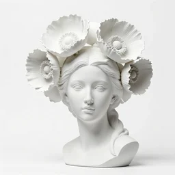 full head and shoulders, female porcelain sculpture by daniel arsham and raoul marks, smooth, all white features on a white background, detailed white 3 d giant poppies on the head