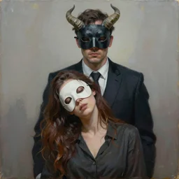painting of an exhausted woman in a mask, a man with horns in a suit stands behind her