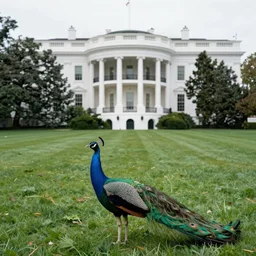 a peacock on the lawn of a White House