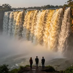dang ngo, annie leibovitz, steve mccurry, a simply breathtaking shot of mediating mon, giant waterfall, golden hour, golden ratio, wide shot, symmetrical
