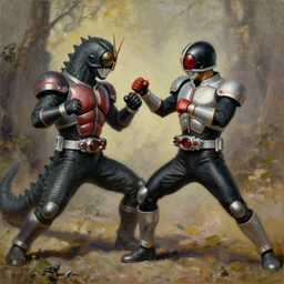 a renaissance oil painting of kamen rider sparring with a kaiju by al williamson and vincent di fate, trending on artstation