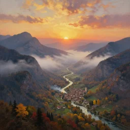 The most beautiful panoramic landscape, oil painting, where the mountains are towering over the valley below their peaks shrouded in mist. The sun is just peeking over the horizon producing an awesome flare and the sky is ablaze with warm colors and stratus clouds. The river is winding its way through the valley to an ancient italian village, some smoke comes out of the village, the trees are starting to turn yellow and red, by Greg Rutkowski, aerial view