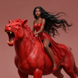 beautiful black sorceress with purple eyes and long flowing hair, riding on the back of an enormous, roaring red dragon through the mojave desert at sunset. horror fantasy in the style of stefan koidl. 4 k. highly detailed. realistic.