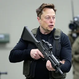 photograph of elon musk carrying a minigun