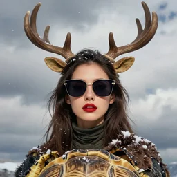 glamor portrait, young female model, electric sunglasses, antlers, turtle skin, falling snow, cloudy background, intricate detailed hyperrealistic by mandy jurgens and studio ghibli and alyssa monks, bold colors, artstation