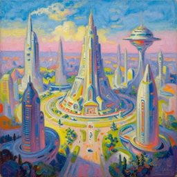 bright colourful oil painting of a futuristic civilisation by john berkey