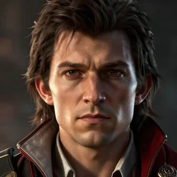 a close - up shot of the body and head of tom holland in assassins creed, fine detailed face, long hair, stunning 3 d render inspired art by greg rutkowski and xiang duan and thomas eakes, realistic, highly detailed attributes and atmosphere, dim volumetric cinematic lighting, 8 k octane detailed render, post - processing, masterpiece,