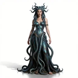 braided-hair gorgon medusa, cinematic studio photo, full body, standing, isolated on a pure white background, centered, whole figure in frame, sharp focus, studio lighting