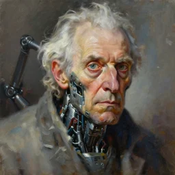 highly detailed expressionist oil painting, portrait of old scientist character with biomechanical implants, fantasy character portrait, dynamic pose, top lighting, realistic shaded, loose brush strokes, perfect face, 8 k realistic, digital painting,, hyper detailed eyes, top lighting, art by sam spratt and peter mohrbacher and james jean