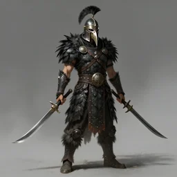 avionette soldier by beksinski, wearing ancient beaked ornament war helm, wearing black feather covered tribal armor, wielding dual scimitar, full body concept, by beksinski, ruan jia, dark soul concept art
