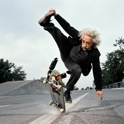 albert einstien doing a kickflip