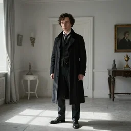 Rode sherlock holmes in a white room, dark, photorealistic, 4K, dramatic sunlight