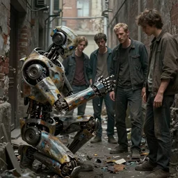 film still of a post - apocalyptic automaton fixing its own arm with scraps in an alley, emotional, personal scene, grimy, gritty, trending on artstation, award winning painting, cgi, art by john berkey and anton fadeev and john howe and simon stalenhag and greg rutkowski