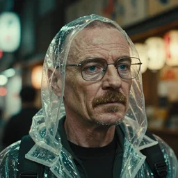 Cinestill 800t, 8K, highly detailed, breaking bad style 3/4 extreme closeup portrait, clear eyes, focus on clear transparent raincoat model, tilt shift h.r giger style background: famous blade runner remake, tokyo izakaya scene