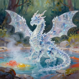 highly detailed oil painting of a crytal dragon sitting in a steaming colorful hotspring with woodland forest backdrop, featured on artstation