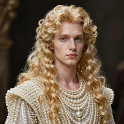 a realistic liquid pale blond prince with a decorated dress made of white pearls , highly detailed, digital painting, very very very pale skin, long curly blond hair, Trending on artstation , HD quality, by artgerm and greg rutkowski and alphonse mucha, dramatic light, octane