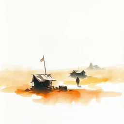 small centered on white watercolor paper, paint brush strokes, abstract watercolor painting of nomad settlement, midday sharp light, dust, cinematic light, american romanticism by hans dahl, by jesper ejsing, by anders zorn, by greg rutkowski, by greg manchess, by tyler edlin
