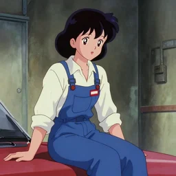 a film still of a 1 9 5 0's mechanic anime girl sitting on top of flying ufo landing in hangar of giant ufo spaceship, finely detailed features, full body mid shot, perfect art, trending on pixiv fanbox, painted by gaston bussiere, makoto shinkai, akihiko yoshida, gaston bussiere, craig mullins, studio ghibli