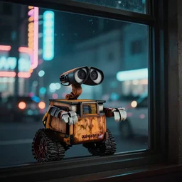 looking out window, wall-e rides down the street full of neon lights at night, atmospheric, moody, cinematic, photo real, in the style of sin city