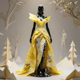 sculpture of a beautiful young female super model resembling violet chachki made out of black onyx ceramic and white diamond wearing a yellow tissue paper and onyx geometric gown by issey miyake, paper graffiti, trees made out of origami, ethereal, fantasy, lawrence alma tadema, james jean, oozium, peter morbacher, angelarium, alchemy, luxury, heavenly light and soft illumination, very detailed, 3 d octane render, artgerm, trending on artstation, cgi society