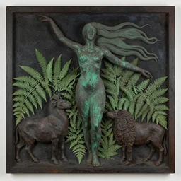 ecstatic, unified burnt umber, fern green by barbara hepworth. a beautiful experimental art of a woman with long flowing hair, wild animals, & a dark, starry night sky.