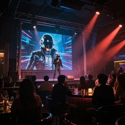 rundown cyberpunk bar, with daft punk singing karaoke on the stage