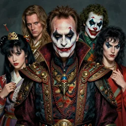 photorealistic portrait of evil looking bryan cranston wearing intricate shao khan costume, bizarre voodoo makeup, clown makeup, by amano, karol bak, greg rutkowski, and akira toriyama, tonalism, hyperrealistic, artgerm, concept art, masterpiece.