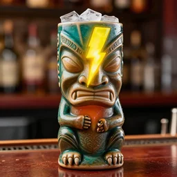 a closeup photorealistic photograph of a tiki mug in the style of the flash sitting on a trader vic's bar featuring a realistic face and yellow lighting bolt. tiki theme. icy colorful drink. bright scene. fine detail. this 4 k hd image is trending on artstation, featured on behance, well - rendered, extra crisp, features intricate detail, epic composition and the style of unreal engine.