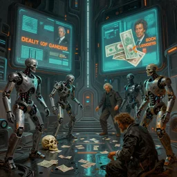 futuristic neon lit scene of ( death of the money lenders ), ( ( robot cyborgs ) ), futuristic oil painting by rembrandt and jeff koonz, ( ( led panel screens and projections ) ), intricate details, ( ultra realistic ), dynamic lighting, black teal and orange colour palette, ( octane render ), ( ( ( vertical led strip lighting ) ) )