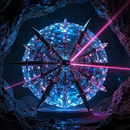 cinematic shot of a goth disco in a cave, brutal weapons made of pink lasers and blue crystals forming a sphere, 8k photograph