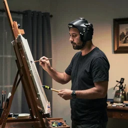 photo of android painter standing at his easel, canon 1 d, 5 0 mm, dramatic interior lighting