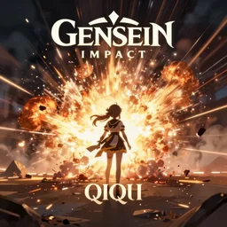 genshin impact, film poster, explosion, qiqi