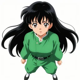 anime girl with a detailed face and black hair in a green outfit, full body, trending, low angle, worms eye view, illustration,