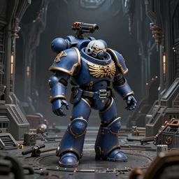 a beautiful detailed 3d matte painting of A space marine from the Alpha Legion, inside a cavernous gothic spaceship