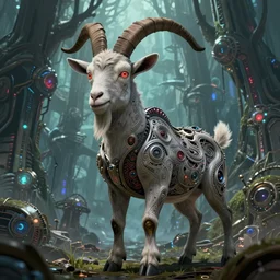 intricate goat from overlord anime, on the background of a weird magical mechanical forest. Very detailed 8k. Fantasy cyberpunk horror. Sharp. Cinematic post-processing