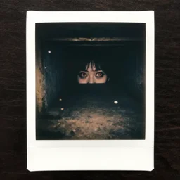 an eerie polaroid photograph of red eyes looking back from inside the crawlspace,, nighttime, dimly lit, creepy
