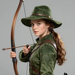 robin hood daughter with face kate beckinsale weared as archer with bow and in green hat and jacket, sit in fantasy tavern near fireplace, behind bar deck with bear mugs, medieval dnd, colorfull digital fantasy art, 4k
