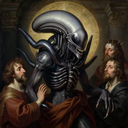 xenomorph human hybrid saint icon religious painting by yoshu hashimoto chikanobu, baroque portrait painting, detailed octane render trending on artstation artgerm, 8 k artistic photography, volumetric cinematic perfect light, chiaroscuro, masterpiece, raphael, caravaggio, beksinski, rutkowski, giger