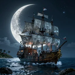 an ephemeral ghost ship full of ghost and skereton pirates approaching an inhabited island in the Caribbean at night, an award-winning high-quality digital art, large crescent moon, hyperrealistic