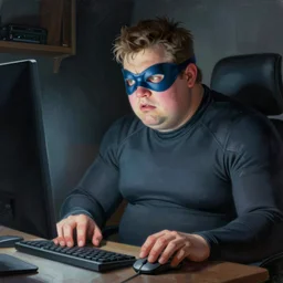 a insanely detailed painting of a slightly overweight masked superhero wearing a tight fitting costume, staring at the computer nervously clicking on the mouse in the style of peter mohrbacher, dramatic lighting and composition, trending on artstation, concept art, comic book