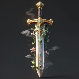 beautiful fantasy giant sword carved with decorative ornament, acanthus scrolls, lilies, ivy, energy, geometry, bones, petals, stems, ceremonial clouds, dripping paint, fibonacci rhythm, artstation, artgerm, wlop, symmetric ornaments, v 0 0 0 0 2